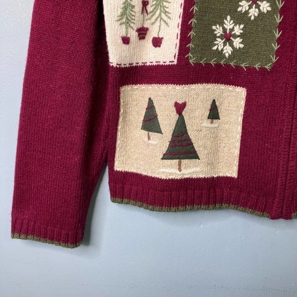 Croft & Barrow Wool Angora Snowman Christmas Tree Burgundy Full Zip Sweater Sz L - Picture 5 of 16